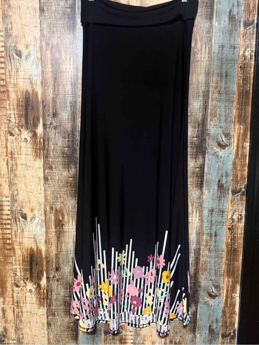 LuLaRoe Black Maxi Skirt with Pink Yellow Cream Floral Hem